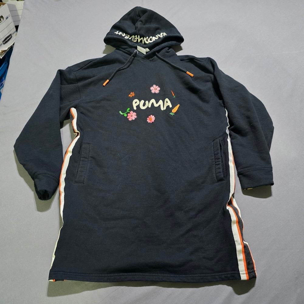 Puma Randomevent Hoodie Dress Women S Black Floral Embroidery Side Stripe 596670